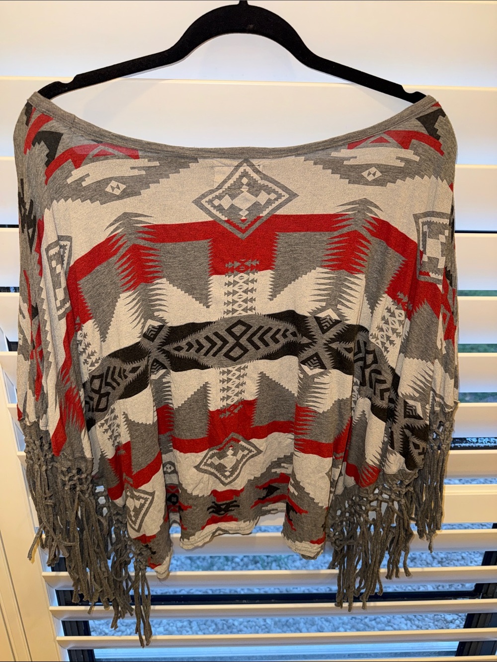 Denim & Supply Ralph Lauren Aztec Off-Shoulder Fringe Sweater in Red and Gray